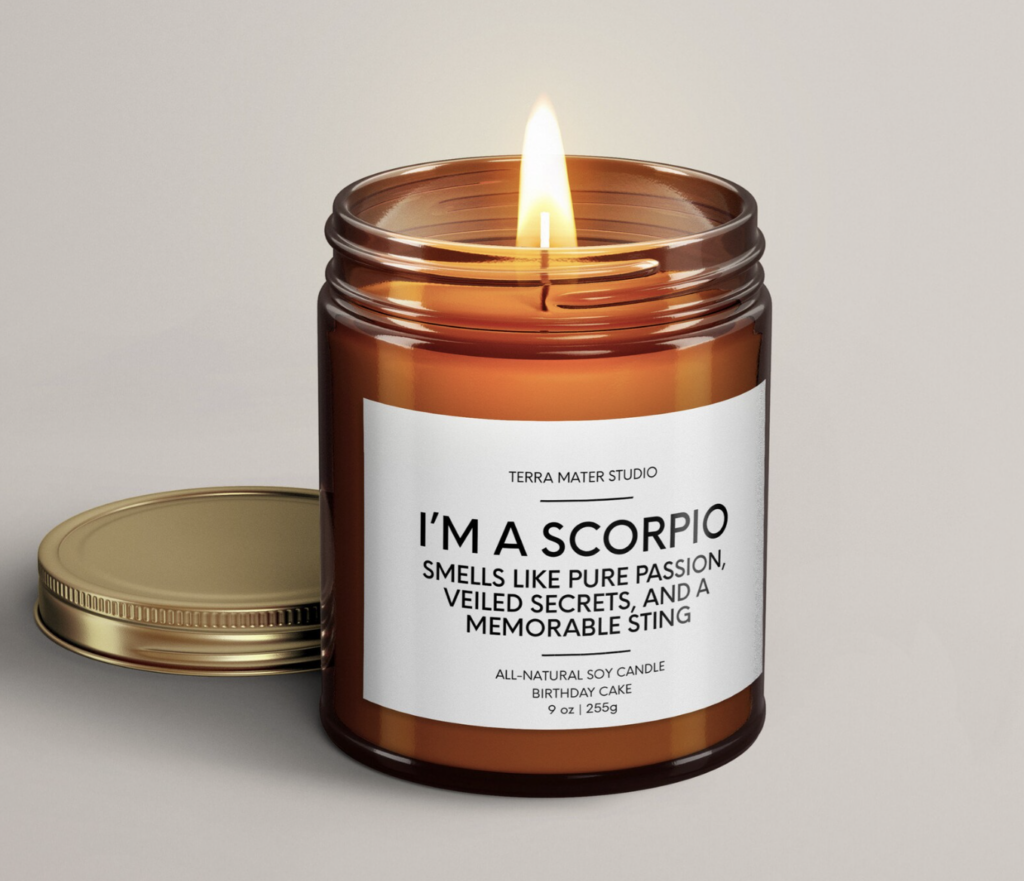 Scorpio Zodiac candle with key traits